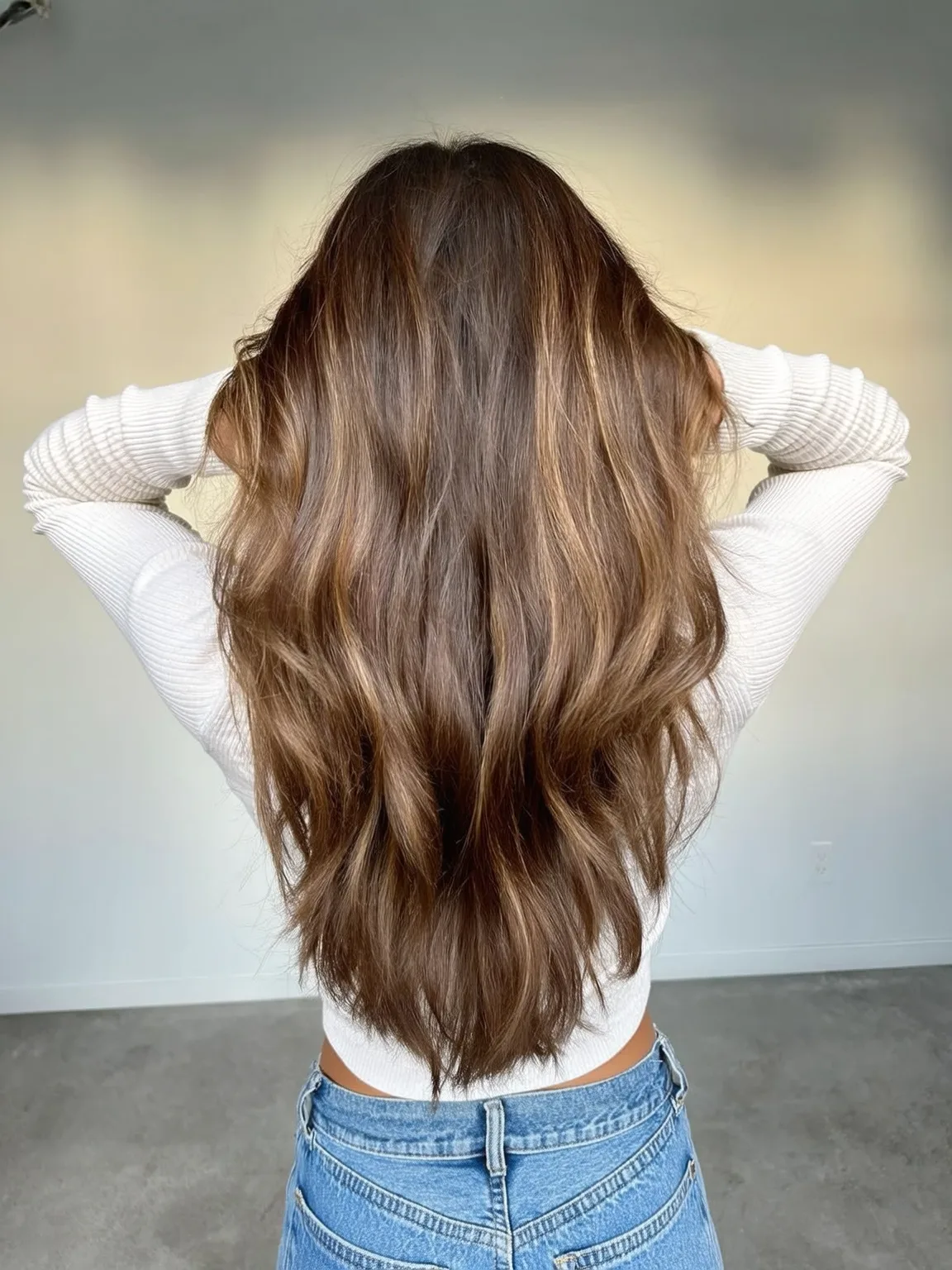 Long Layered Waves with Warm Caramel Balayage